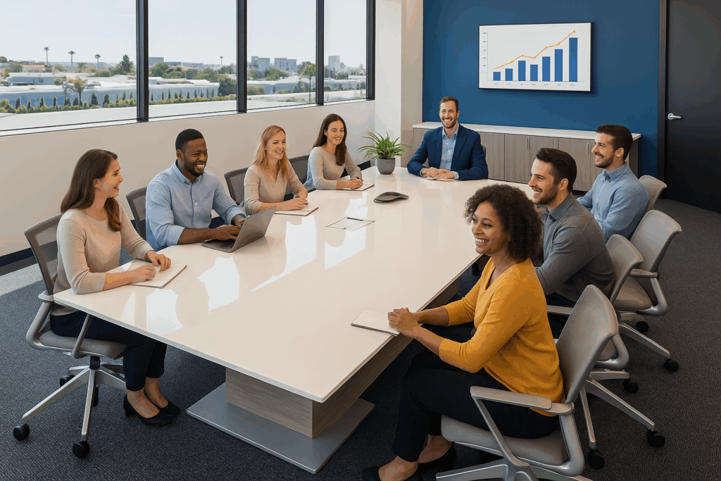 Height adjustable conference table- people discussing at table