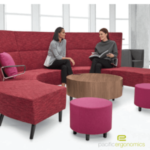Circular collaboration furniture dealer in San Diego. Call Pacific Ergonomics today for your lounge and connection needs.
