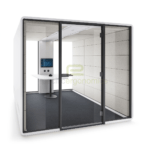 Wide door and easy-to-grab latch handle for easy access in the acoustic room.