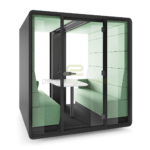 Various color and material finish options of the mobile acoustic rooms.