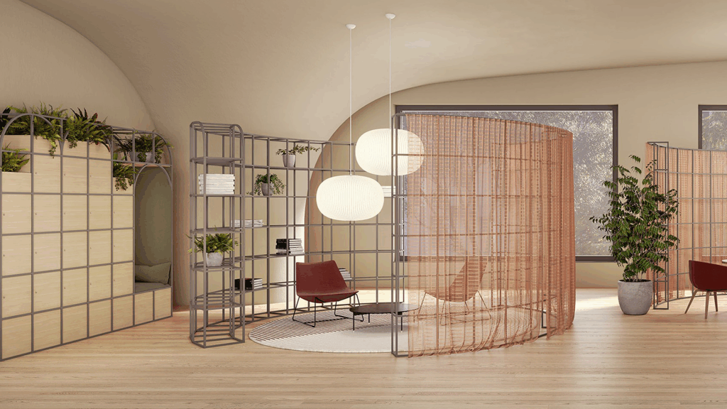 Rounded walls with plants modern office furniture