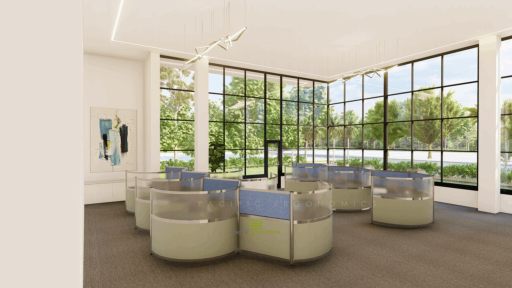 Angled curved workstations in blue
