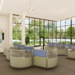 Angled curved workstations in blue
