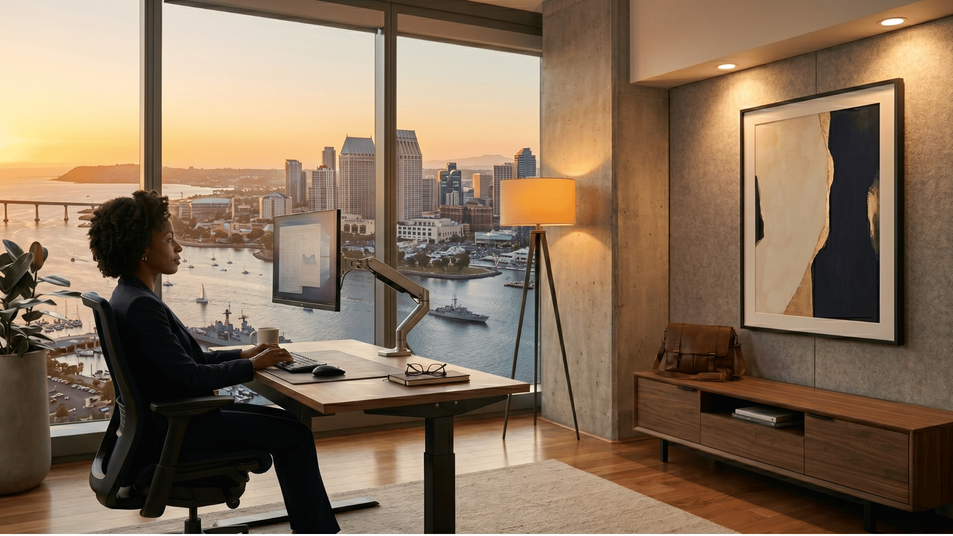 Modern office furniture in a contemporary executive workspace combining aesthetic design with ergonomic engineering — a height-adjustable desk, ergonomic task chair, and articulating monitor arm in a sunset cityscape office